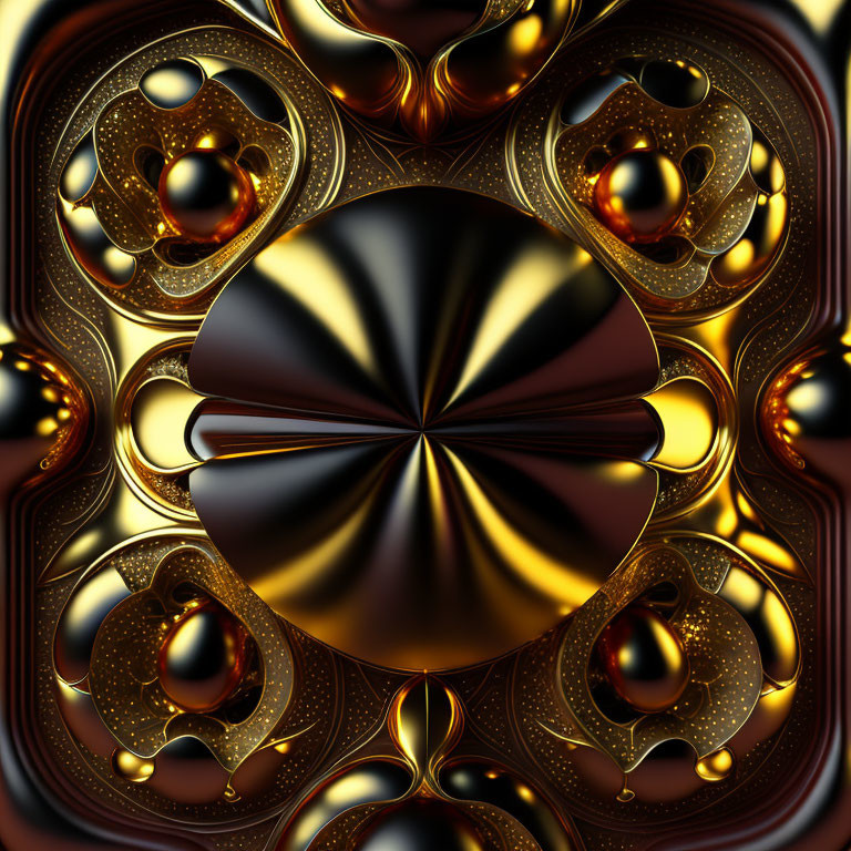 Symmetrical metallic fractal design with gold, black, and brown spheres.