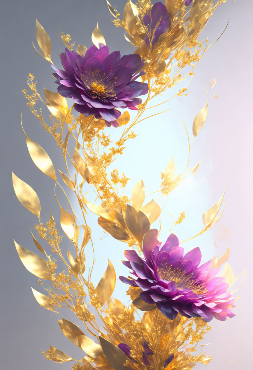 Purple Flowers and Golden Foliage in Illuminated Digital Art