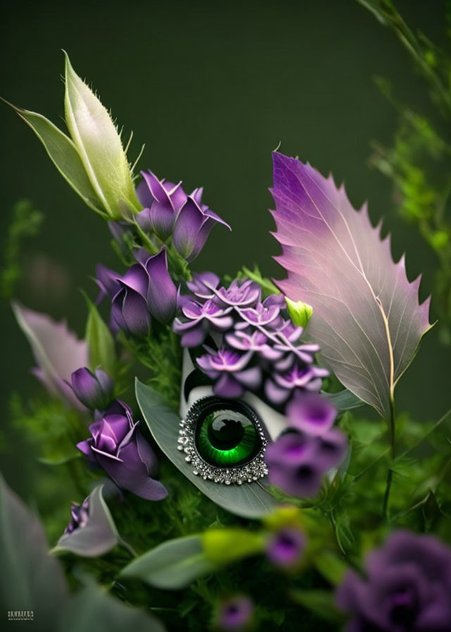 Surreal eye in purple flowers and green leaves with soft focus