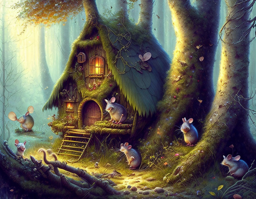 Enchanting forest scene with whimsical tree house and playful mice