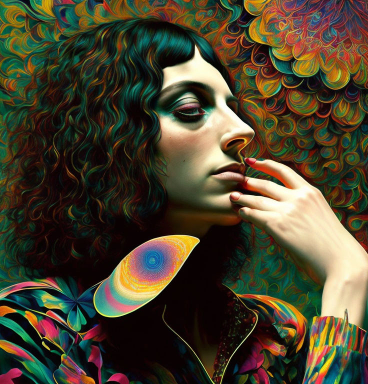 Colorful 70s Retro Portrait with Curly Hair and Psychedelic Patterns