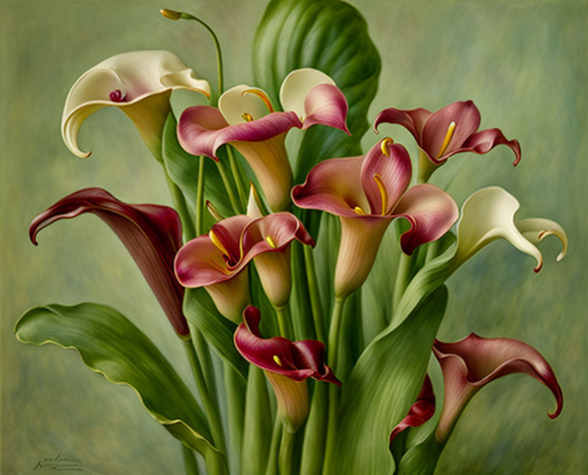 Bouquet of cream and burgundy calla lilies on textured background