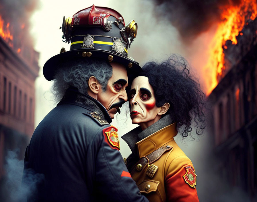 Elaborate firefighter and military officer costumes in dramatic embrace