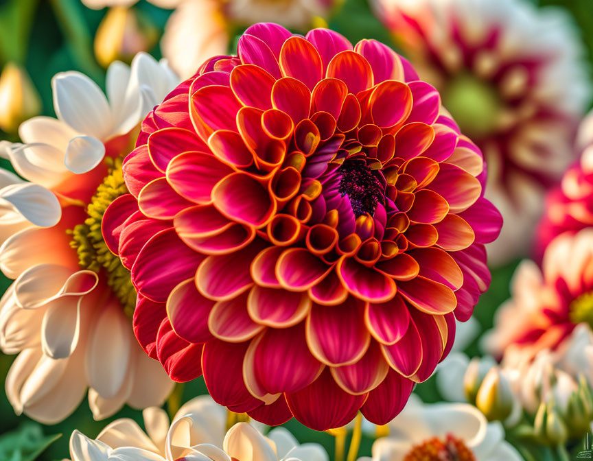 Colorful Red and Yellow Dahlia Close-Up with Detailed Petals and Blurred Floral Background