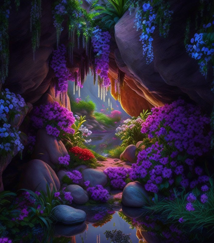 Enchanting forest path with purple and red flowers