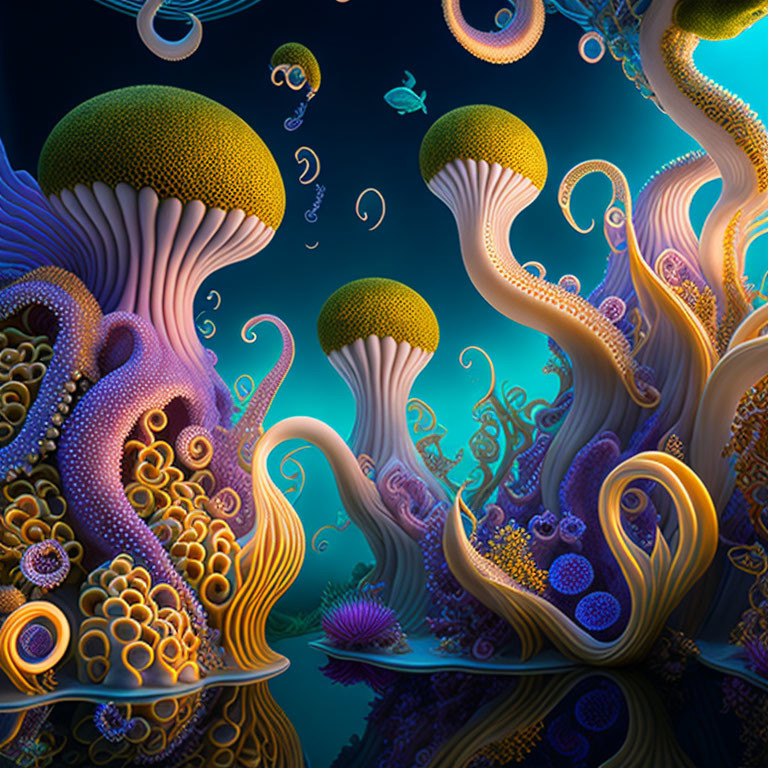 Colorful coral and mushroom-like structures in underwater scene