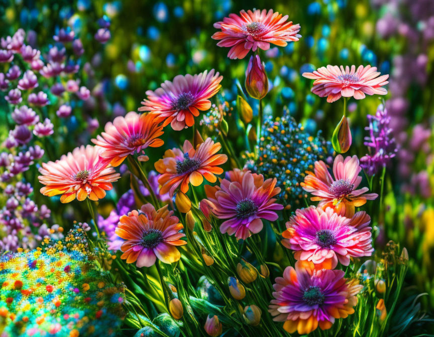 Multicolored daisies in pink and orange hues in lush garden setting