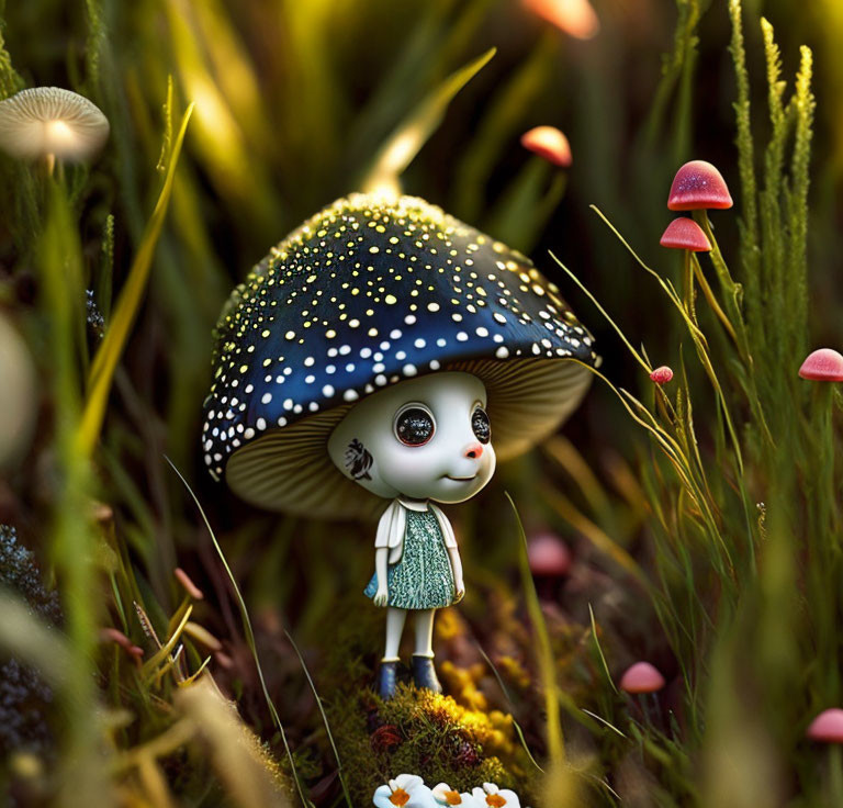 Whimsical figure with mushroom cap head in lush, mossy terrain