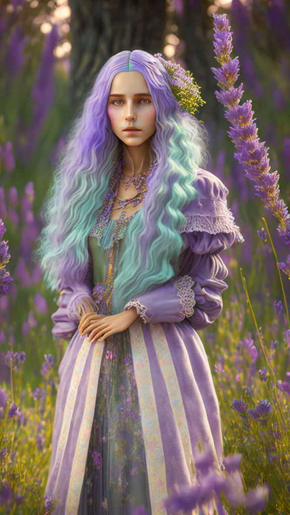 Lilac-haired woman in vintage dress among tall purple flowers