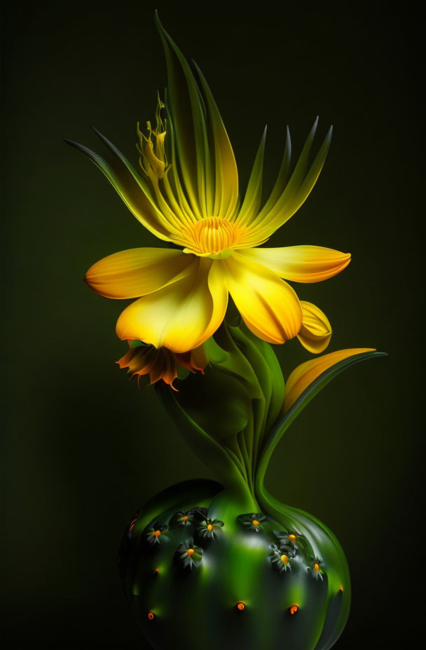 Colorful fantasy flower digital artwork with yellow petals and intricate stamen in a speckled spherical vase