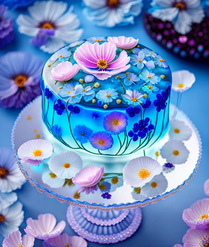 Colorful Edible Flower Jelly Cake on Glass Stand