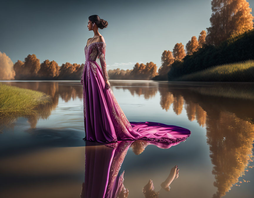 Elegant woman in purple gown by calm lake with autumn trees