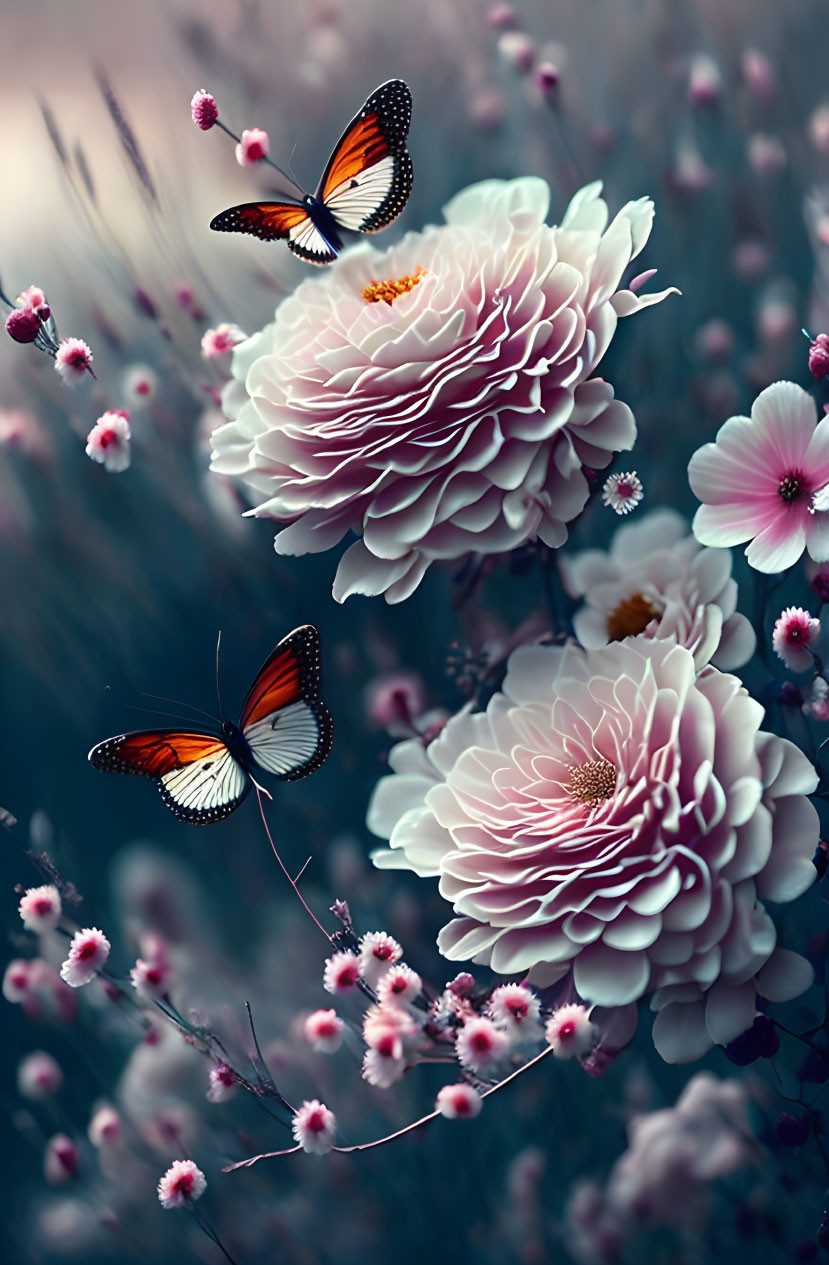 Monarch butterflies on pink and white flowers with bokeh background