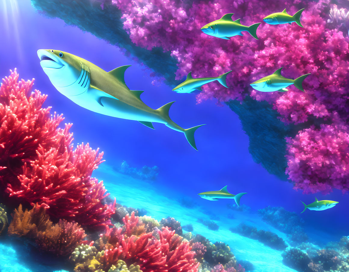 Underwater scene with shark, fish, pink and red coral reefs