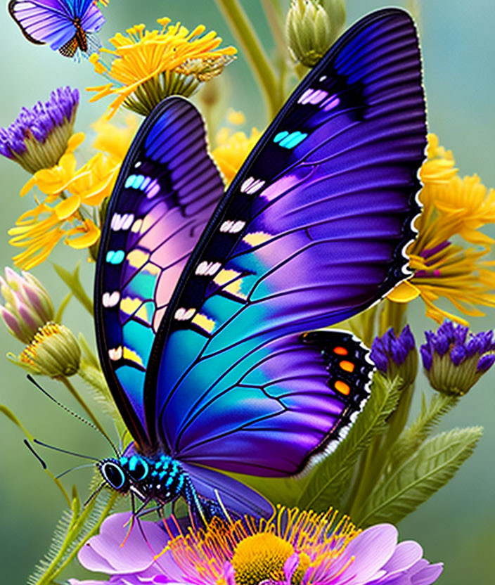 Colorful Blue Butterfly Among Pink and Yellow Flowers with Other Butterflies