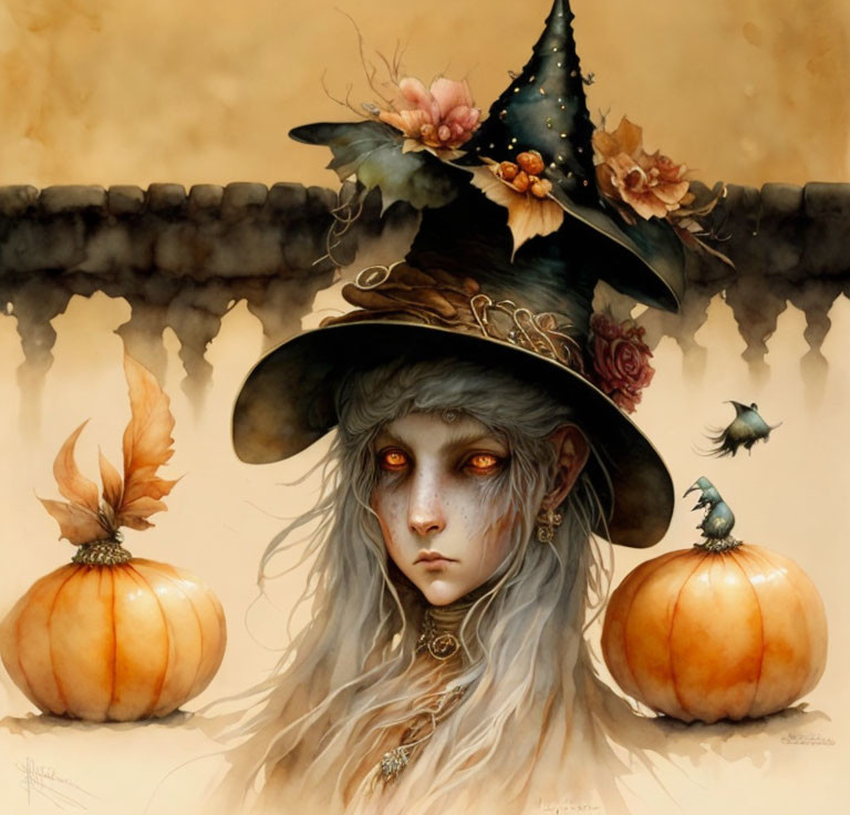 Mystical figure with pale skin and red eyes in witch's hat with pumpkins