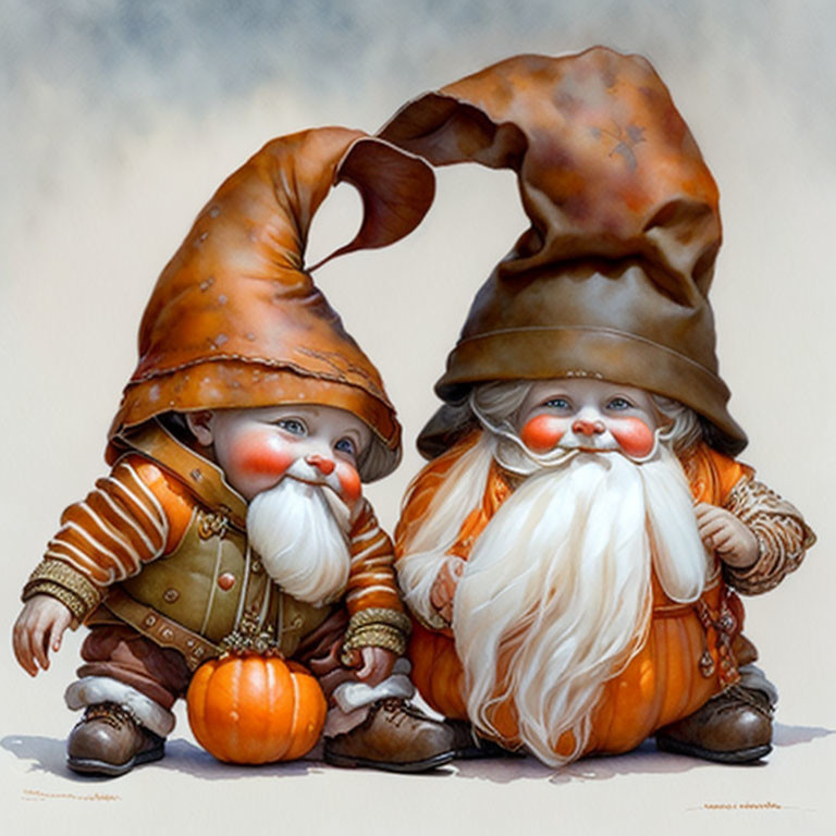 Whimsical garden gnomes with rosy cheeks and white beards holding a pumpkin