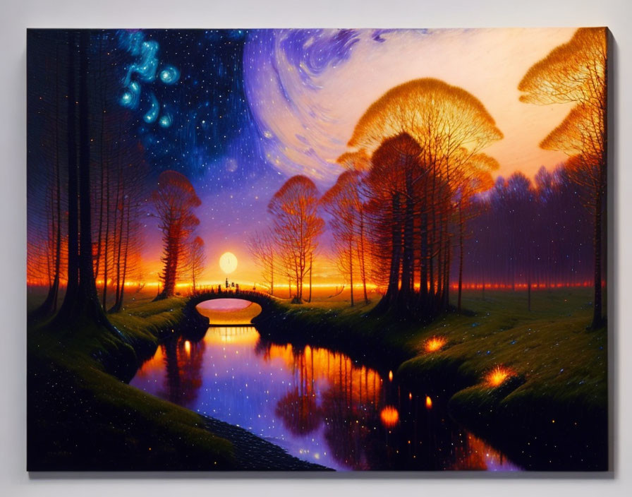 Vivid sunset over reflective river in fantasy landscape