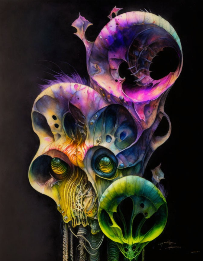 Vibrant surreal artwork: stack of organic, alien-like forms on black background