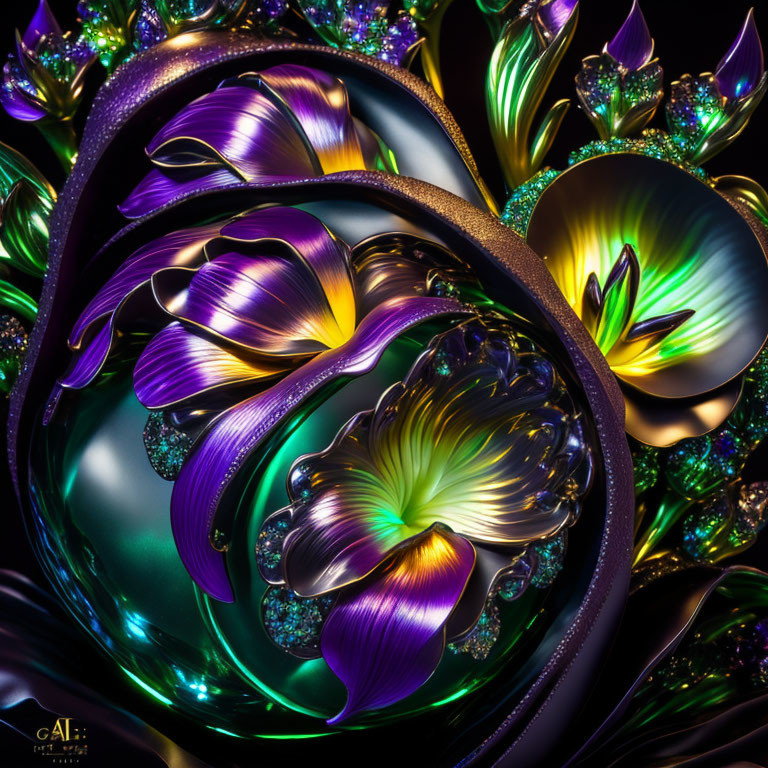 Abstract Purple and Yellow Floral Digital Artwork with Glittering Highlights