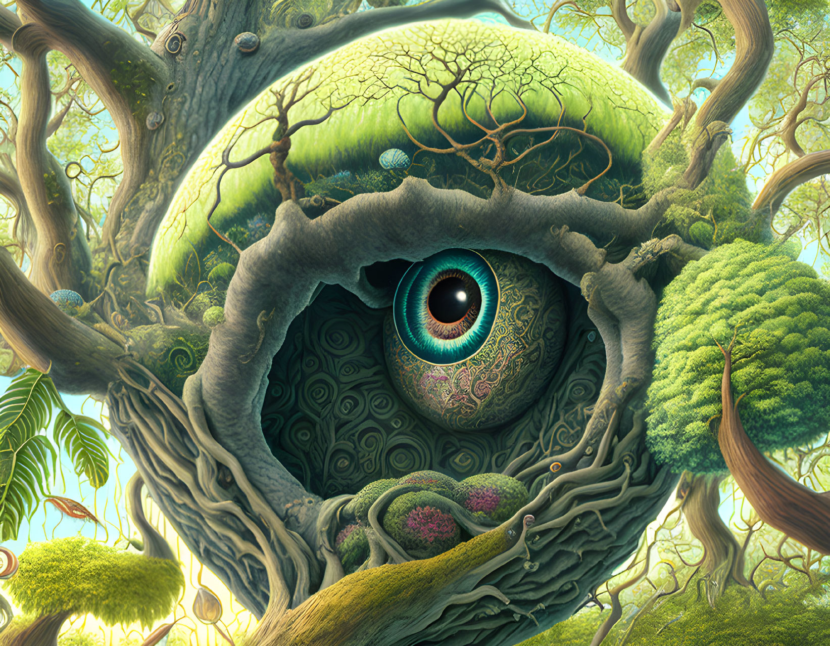 Enchanting forest scene with eye at center, moss-covered trees