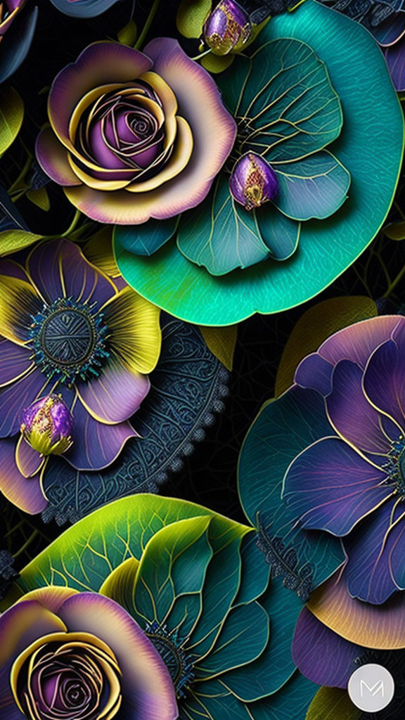 Vibrant digital art: stylized flowers in purple, blue, and green on dark backdrop