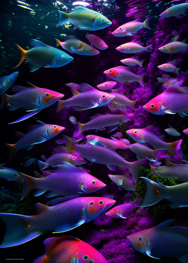 Vibrant coral reefs with colorful fish in dark underwater setting