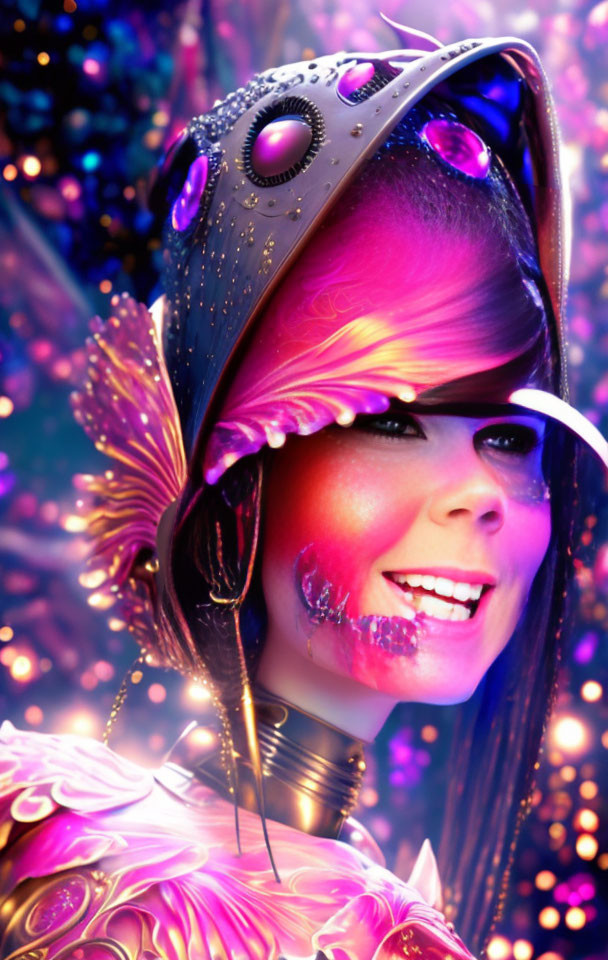 Smiling person in fantasy armor with glowing eyes helmet in vibrant bokeh.