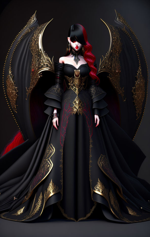 Gothic fantasy character in black and gold attire with wing-like adornments