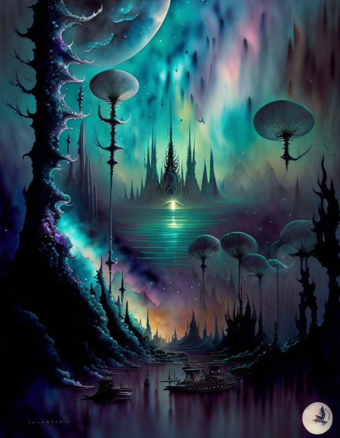 Fantastical night scene with bioluminescent trees, glowing city, boats, and starry