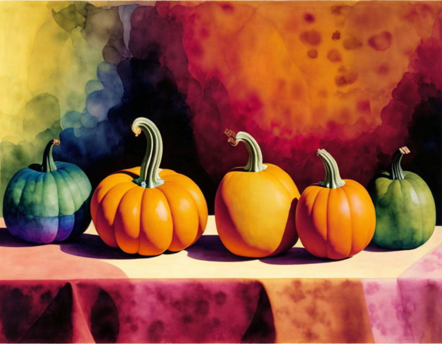 Vibrant abstract painting of colorful pumpkins