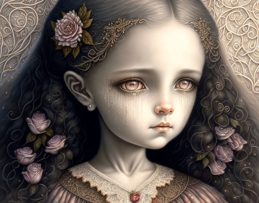 Young girl with sad eyes, roses in hair, and golden patterns - Digital Artwork