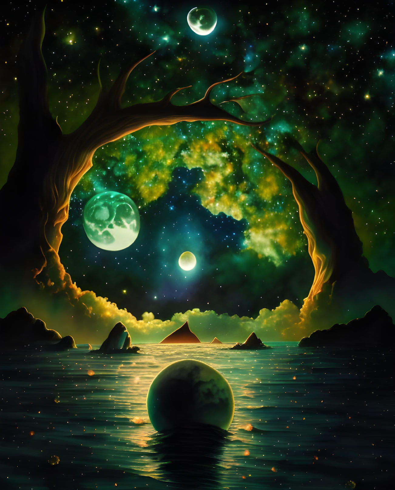 Cosmic scene with tree, moons, planet, and mountains