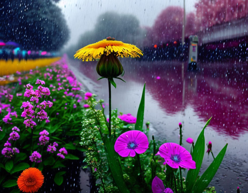 Vibrant rain-soaked flowers against blurred rainy streetscape