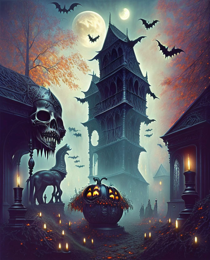 Spooky Halloween-themed image with skull, pumpkin, bats, full moon, and Gothic tower