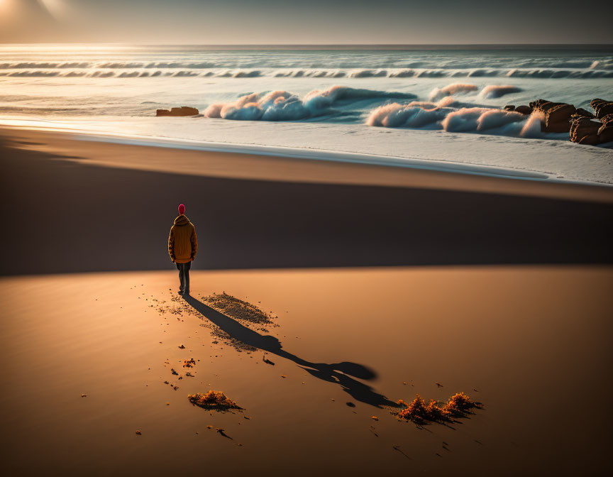 Solitary figure in yellow jacket on sandy shore with ocean waves and seaweed.