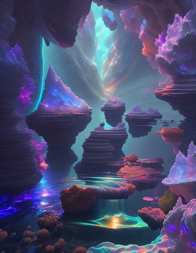 Colorful Digital Art: Mystical Cave with Glowing Rocks & Serene Water