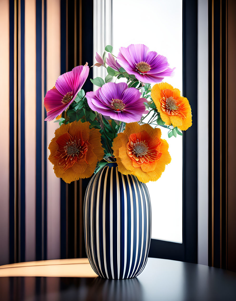 Purple and Orange Flowers in Striped Vase by Window with Sheer Curtains