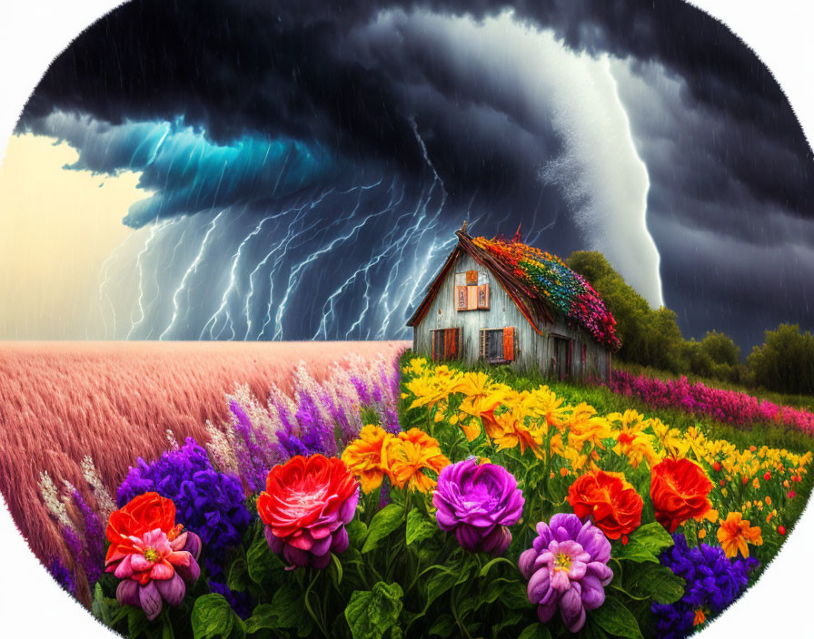 Rustic wooden cabin with vibrant flowers under stormy sky