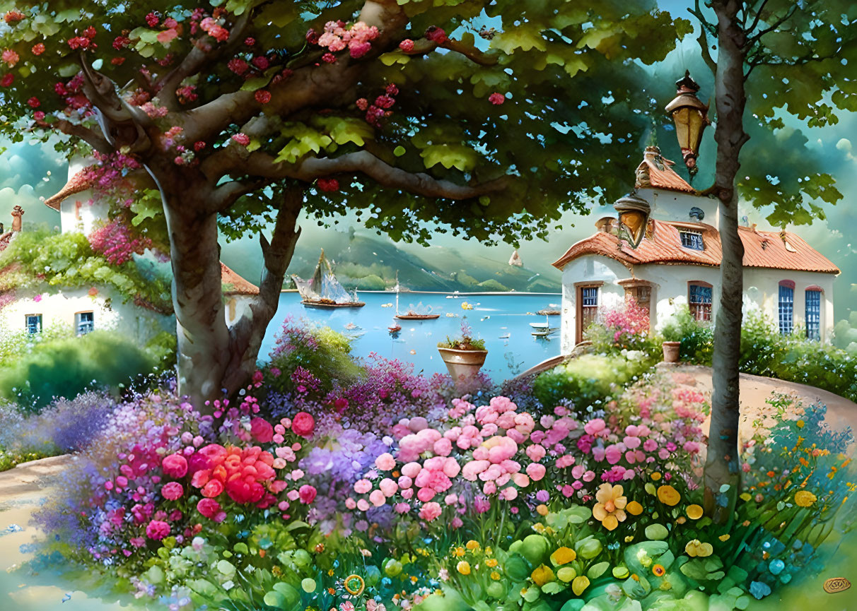 Tranquil landscape with vibrant flowers, quaint houses, serene lake, sailboats, and clear sky