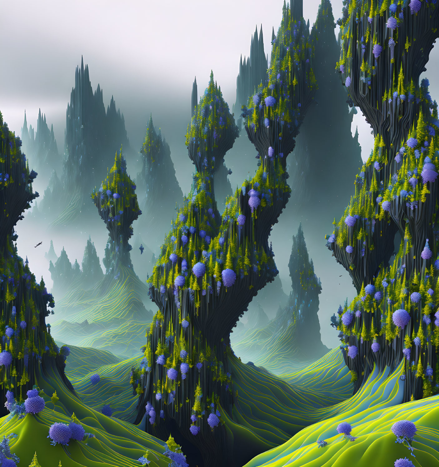 Surreal landscape: lush green and blue hues, spire-like hills, mist, tranquil glow