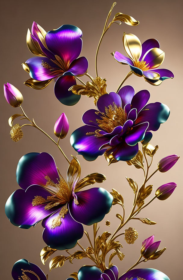 Metallic Purple and Gold Flowers on Brown Background with Ornate Jewelry-like Stylization