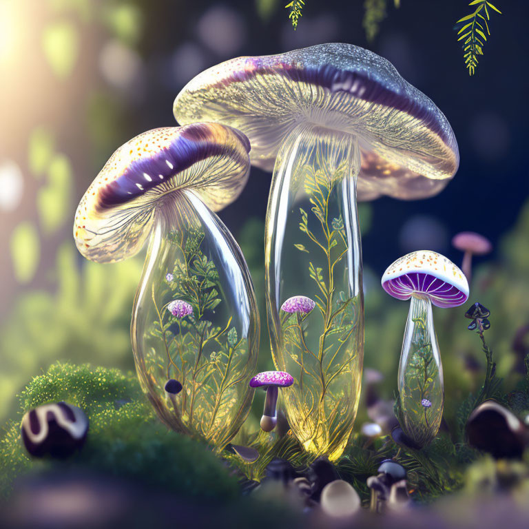 Luminescent oversized mushrooms in enchanted forest