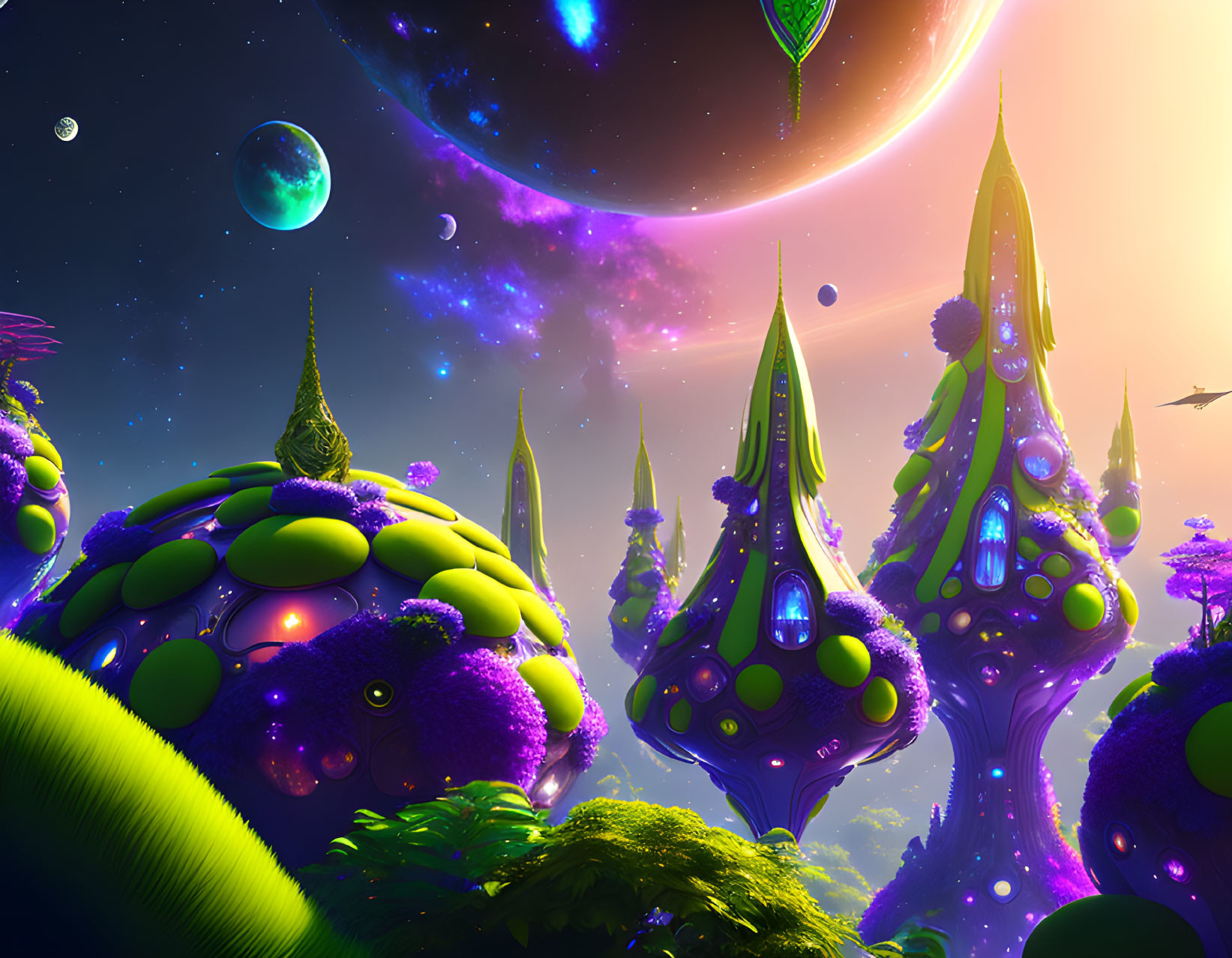 Colorful Fantasy Landscape with Mushroom Structures and Floating Planets