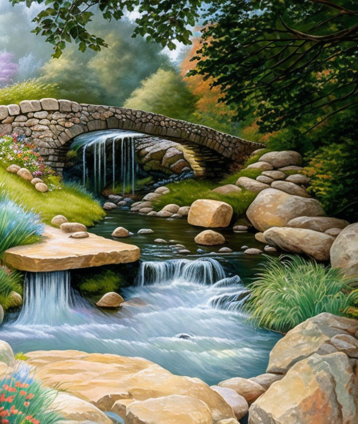 Tranquil painting of stream under stone bridge with lush greenery