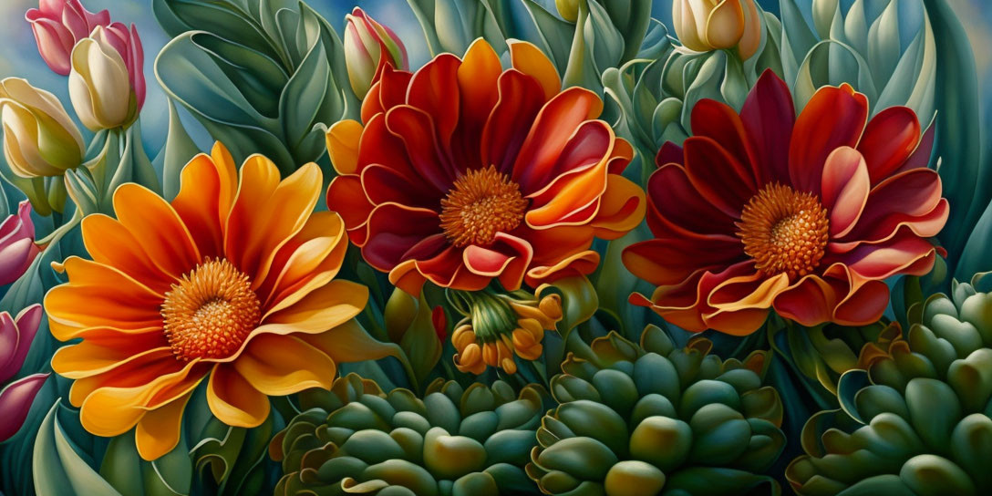 Colorful Floral Painting with Orange and Red Flowers and Lush Greenery