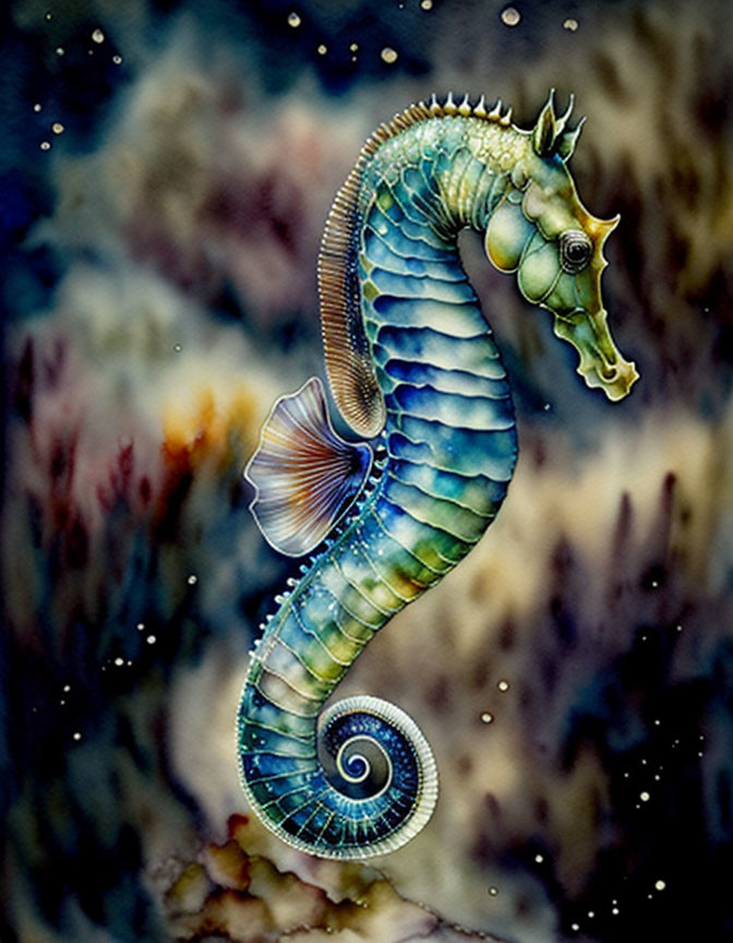 Colorful seahorse illustration with spiral tail and intricate patterns