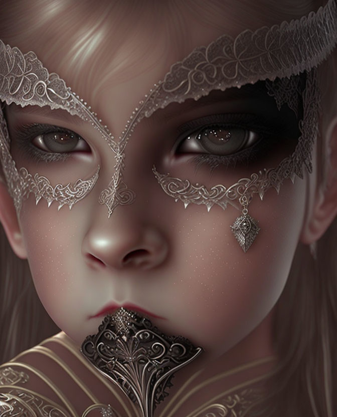 Close-up of girl's face with ornate lace mask and silver jewelry.