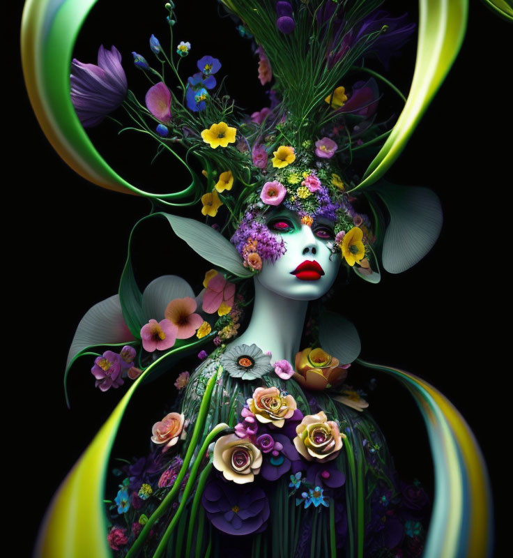 Colorful female figure with floral adornments and white face paint on swirling green ribbons background.