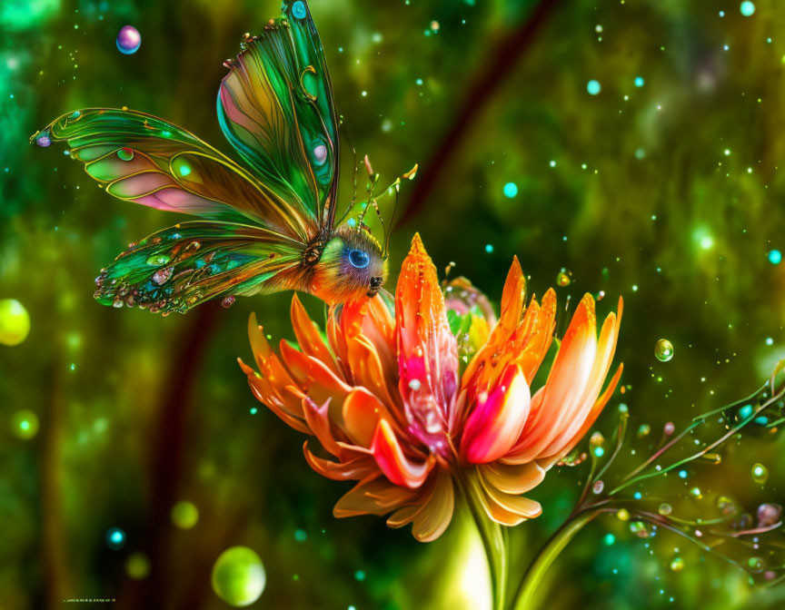 Colorful Butterfly Resting on Orange Flower in Magical Setting